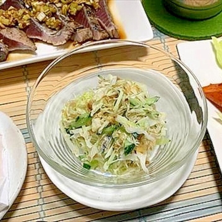 キャベツときゅうりを千切りしてじゃこおかかマヨっ!